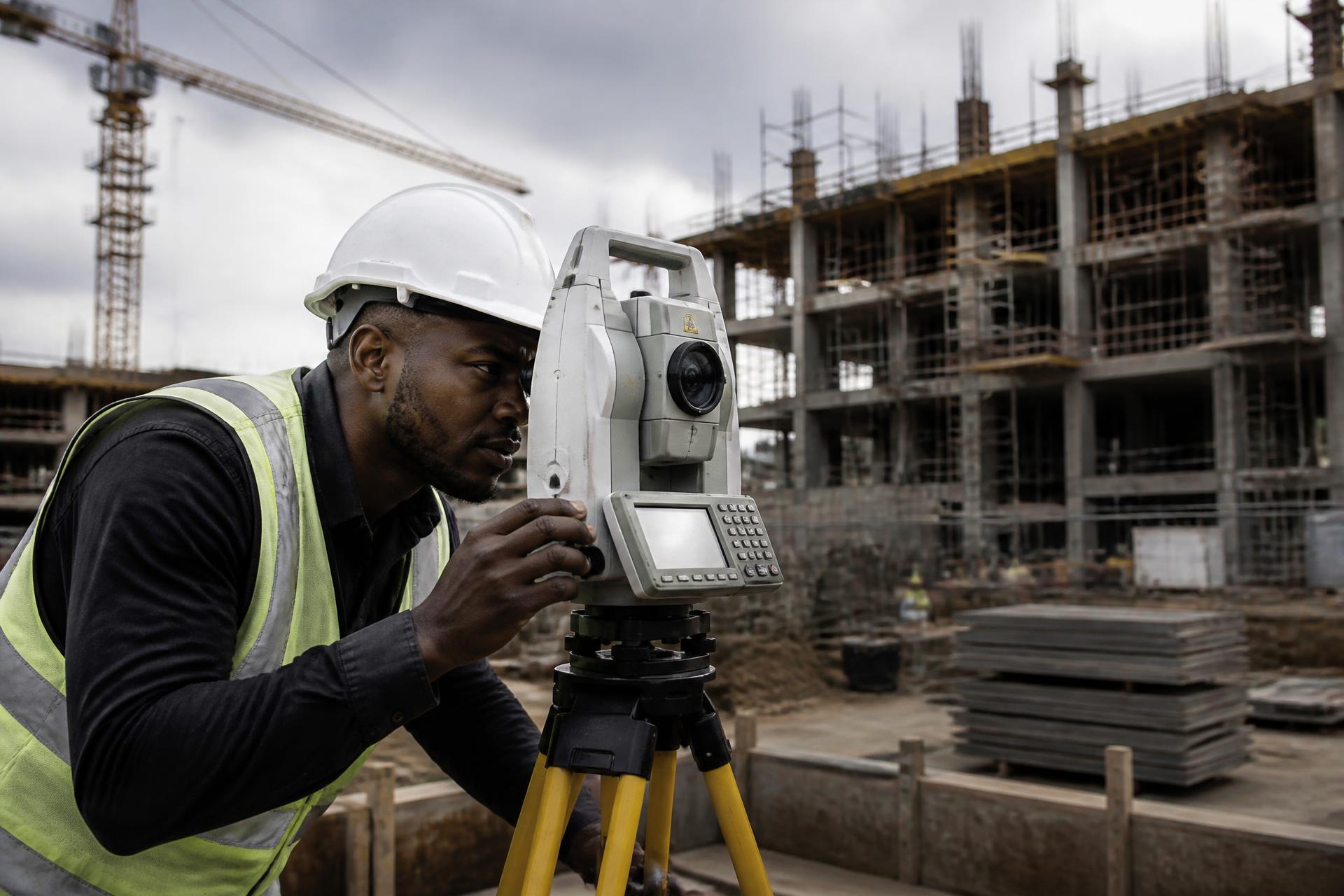 Construction surveyor using a total station on an active building site