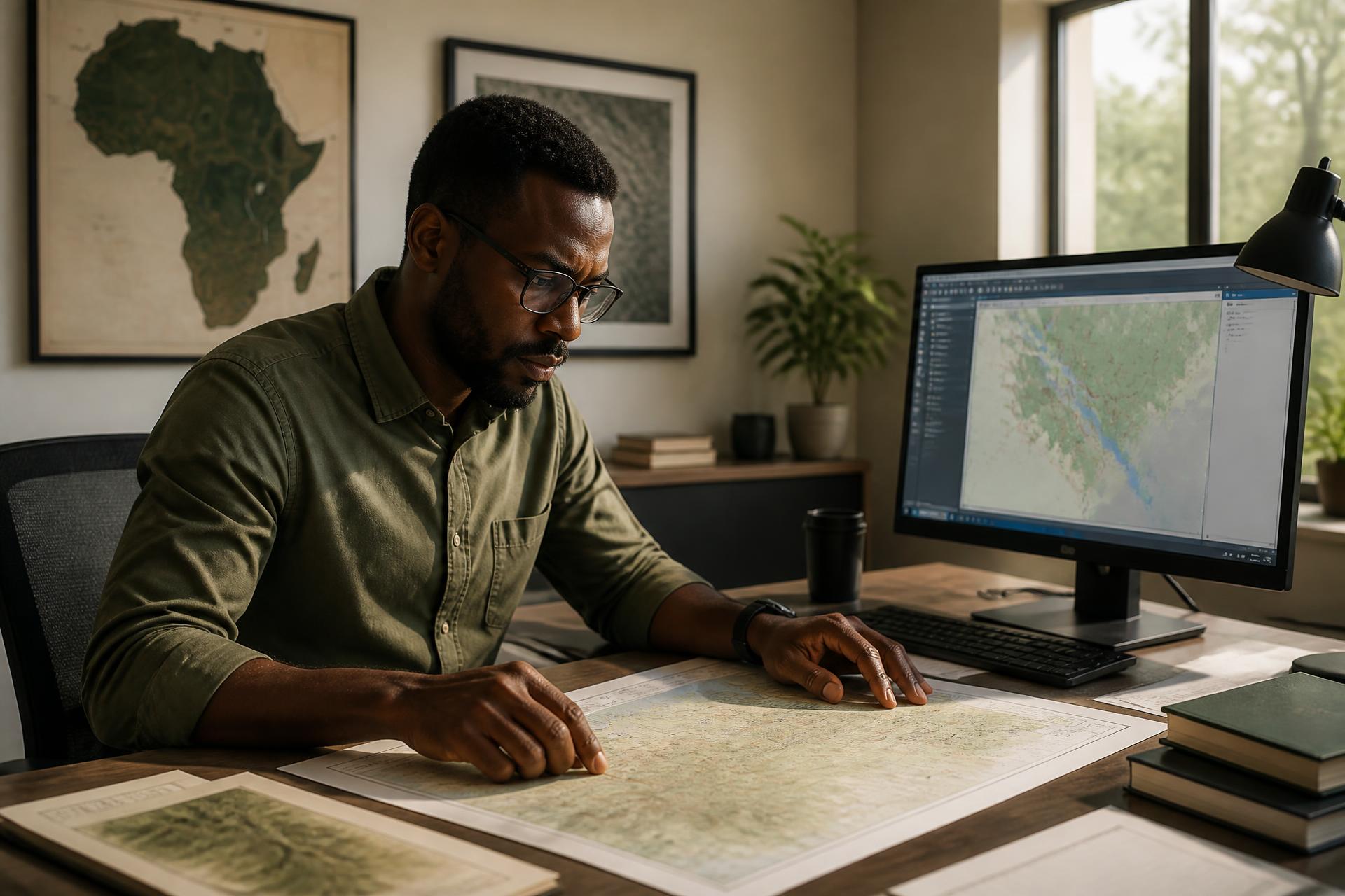 Geospatial specialist reviewing topographic maps and spatial data
